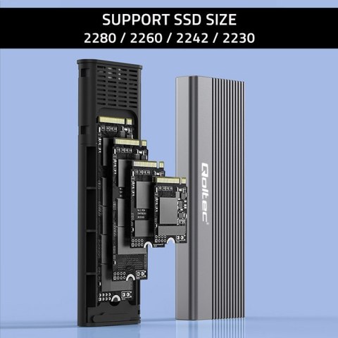 Qoltec Aluminiowa Obudowa | Kieszeń na dysk SSD M.2 | SATA | NGFF | USB-C | Super speed 6Gb/s | 2TB | Szary