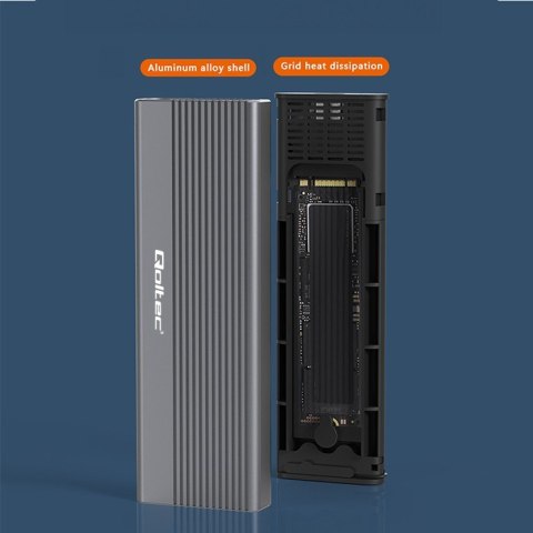 Qoltec Aluminiowa Obudowa | Kieszeń na dysk SSD M.2 | SATA | NGFF | USB-C | Super speed 6Gb/s | 2TB | Szary
