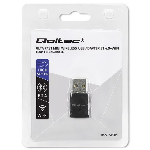 Qoltec Bezprzewodowy Ultra szybki mini adapter WiFi Standard AC | BT 4.0 USB | 600Mbps