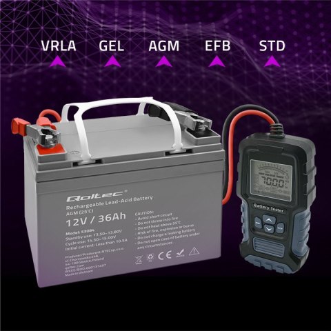 Qoltec Cyfrowy tester akumulatora z wyświetlaczem LCD 12V | 24V | 3Ah-400Ah