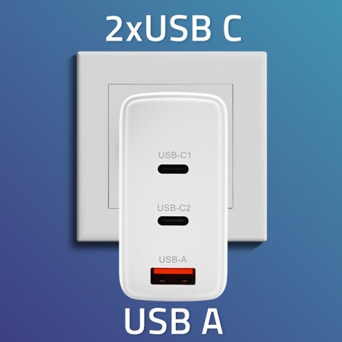 Qoltec Ładowarka sieciowa 100W GaN | 5-20V | 1.5-3A | 2 x USB-C PD | 1 x USB QC 3.0 | Biała