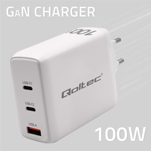 Qoltec Ładowarka sieciowa 100W GaN | 5-20V | 1.5-3A | 2 x USB-C PD | 1 x USB QC 3.0 | Biała