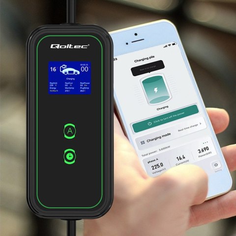 Qoltec Mobilna ładowarka do samochodu elektrycznego EV z regulacją 2w1 Typ2 | 3.5kW | 230V | Wi-fi | LCD | Przenośna | 5m