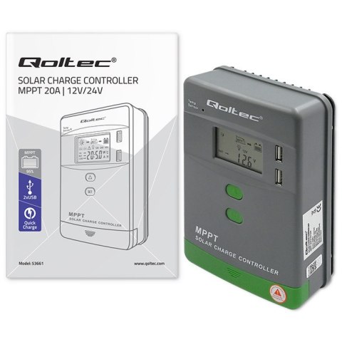 Solarny regulator ładowania MPPT z czujnikiem temp. 20A 12V/24VLCD 2xUSB