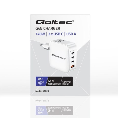 Qoltec Ładowarka sieciowa 140W GaN | 5-20V | 1.5-5A | 3 x USB-C PD | 1 x USB QC 3.0 | Biała