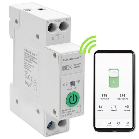 Qoltec Przekaźnik 63A na szynę DIN z licznikiem energii elektrycznej | TUYA | Wi-Fi | SMART LIFE