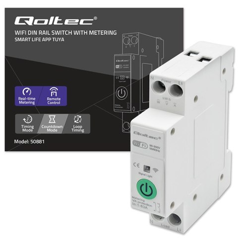 Qoltec Przekaźnik 63A na szynę DIN z licznikiem energii elektrycznej | TUYA | Wi-Fi | SMART LIFE