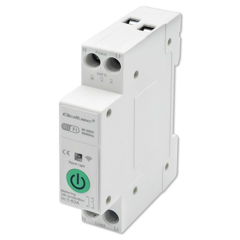 Qoltec Przekaźnik 63A na szynę DIN z licznikiem energii elektrycznej | TUYA | Wi-Fi | SMART LIFE