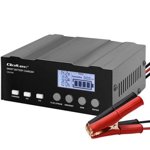 Qoltec Inteligentna mikroprocesorowa ładowarka 12V | 12.6V | 24V | Prostownik z funkcją naprawy do akumulatora AGM GEL LiFePO4 |