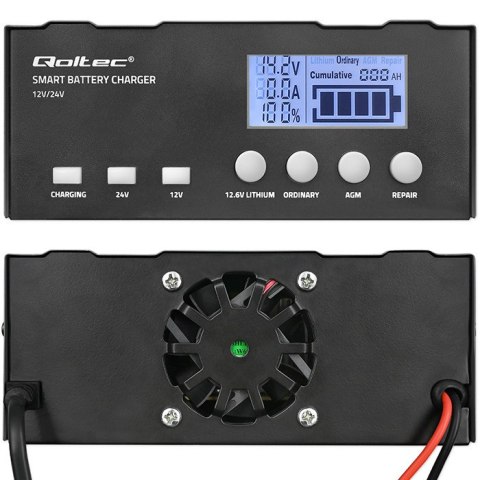 Qoltec Inteligentna mikroprocesorowa ładowarka 12V | 12.6V | 24V | Prostownik z funkcją naprawy do akumulatora AGM GEL LiFePO4 |