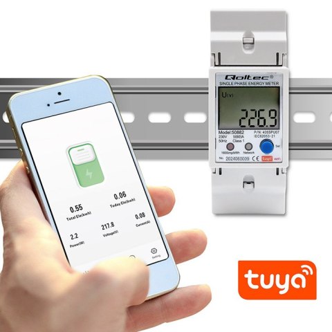 Qoltec Jednofazowy elektroniczny licznik | miernik zużycia energii na szynę DIN | Wi-fi | TUYA | 230V | LCD
