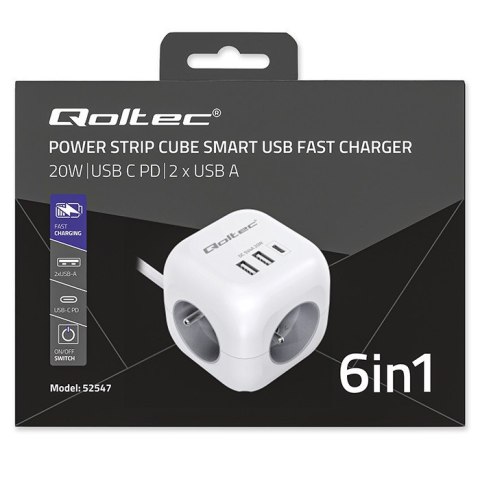 Qoltec Kostka zasilająca przedłużacz 6w1 z podświetlanym włącznikiem | 3x AC | 2x USB | 1x USB-C PD 20W | Biała | Kabel 2m