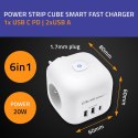 Qoltec Kostka zasilająca przedłużacz 6w1 z podświetlanym włącznikiem | 3x AC | 2x USB | 1x USB-C PD 20W | Biała