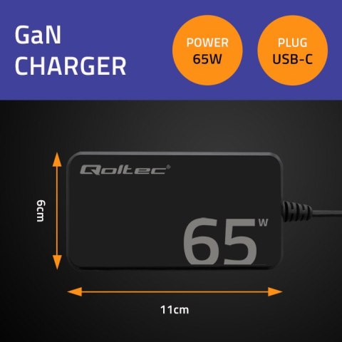 Qoltec Ładowarka sieciowa 65W GaN Super Fast SLIM | PD | 5-20V | 3.25A | USB-C 3.1 | Laptop | MacBook | Smartfon | + kabel