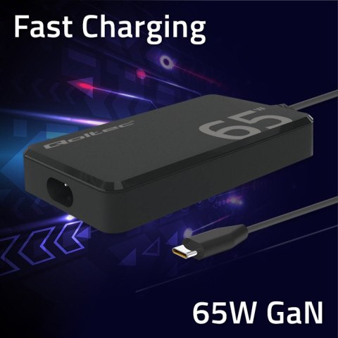 Qoltec Ładowarka sieciowa 65W GaN Super Fast SLIM | PD | 5-20V | 3.25A | USB-C 3.1 | Laptop | MacBook | Smartfon | + kabel