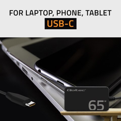 Qoltec Ładowarka sieciowa 65W GaN Super Fast SLIM | PD | 5-20V | 3.25A | USB-C 3.1 | Laptop | MacBook | Smartfon | + kabel
