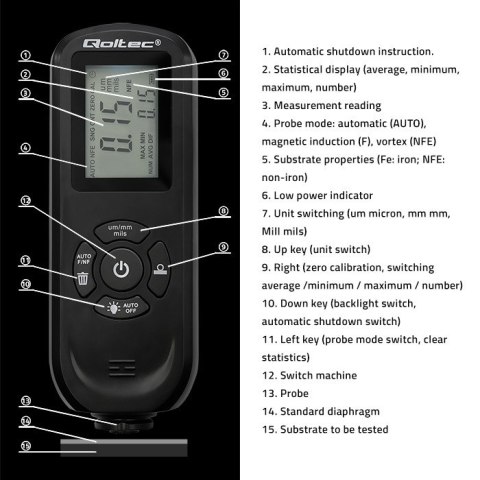 Qoltec Miernik grubości lakieru z wyświetlaczem LCD | 0 ~ 2000um