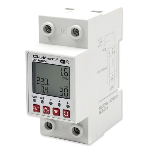 Qoltec Przekaźnik 63A na szynę DIN z licznikiem energii elektrycznej | Timer | Tuya | Wi-Fi | LED