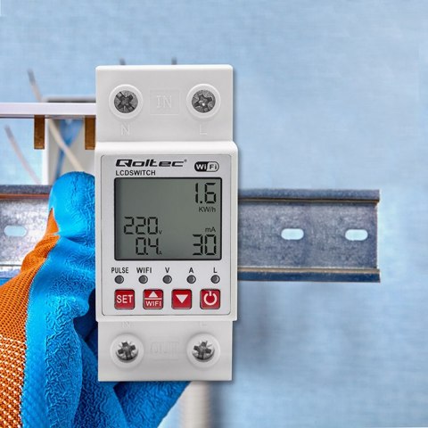 Qoltec Przekaźnik 63A na szynę DIN z licznikiem energii elektrycznej | Timer | Tuya | Wi-Fi | LED