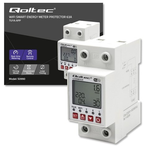 Qoltec Przekaźnik 63A na szynę DIN z licznikiem energii elektrycznej | Timer | Tuya | Wi-Fi | LED