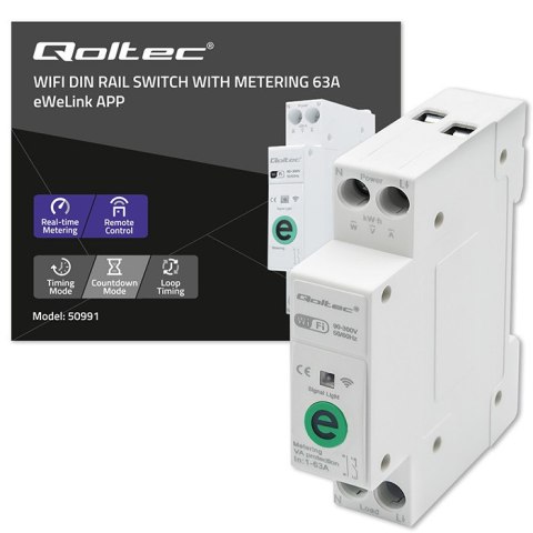 Qoltec Przekaźnik 63A na szynę DIN z licznikiem energii elektrycznej | eWeLink od Sonoff | Wi-Fi | Dioda LED
