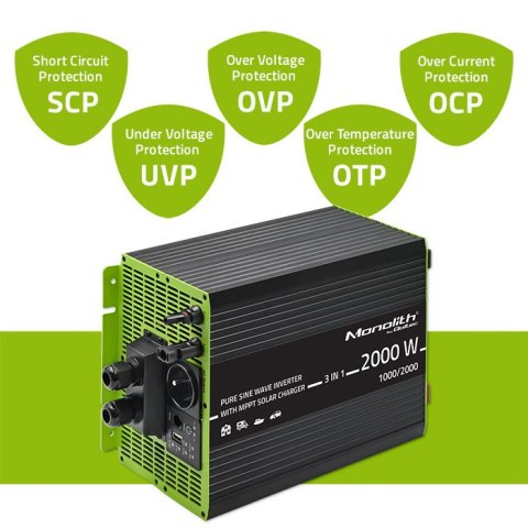 Qoltec Przetwornica solarna Monolith 3w1 z funkcją ładowania AC | MPPT | UPS | ATS | 1000W | 2000W | 12V na 230V | Czysty Sinus