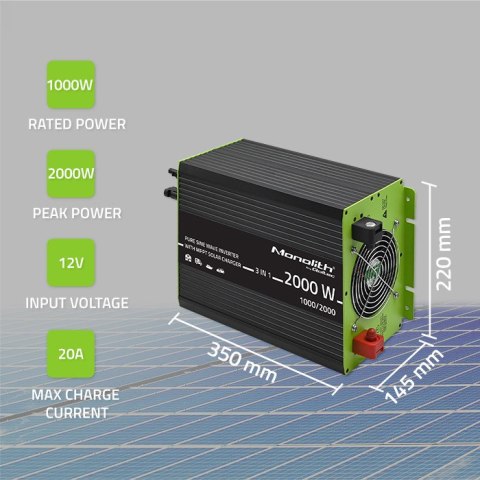 Qoltec Przetwornica solarna Monolith 3w1 z funkcją ładowania AC | MPPT | UPS | ATS | 1000W | 2000W | 12V na 230V | Czysty Sinus