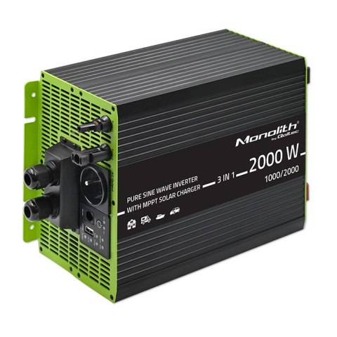 Qoltec Przetwornica solarna Monolith 3w1 z funkcją ładowania AC | MPPT | UPS | ATS | 1000W | 2000W | 12V na 230V | Czysty Sinus