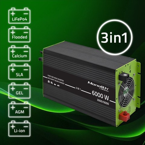 Qoltec Przetwornica solarna Monolith 3w1 z funkcją ładowania AC | MPPT | UPS | ATS | 3000W | 6000W | 12V na 230V | Czysty Sinus