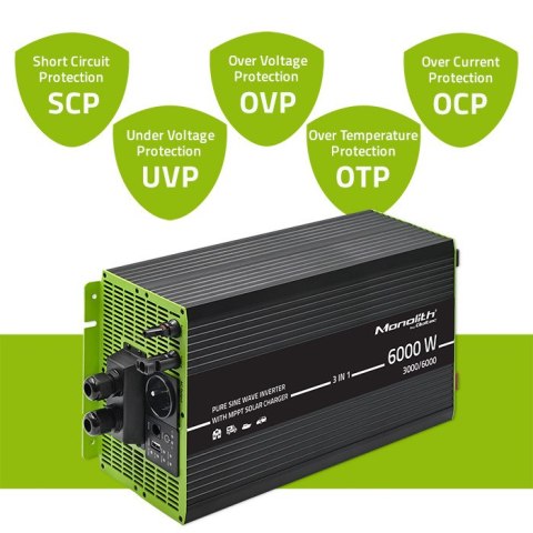 Qoltec Przetwornica solarna Monolith 3w1 z funkcją ładowania AC | MPPT | UPS | ATS | 3000W | 6000W | 12V na 230V | Czysty Sinus