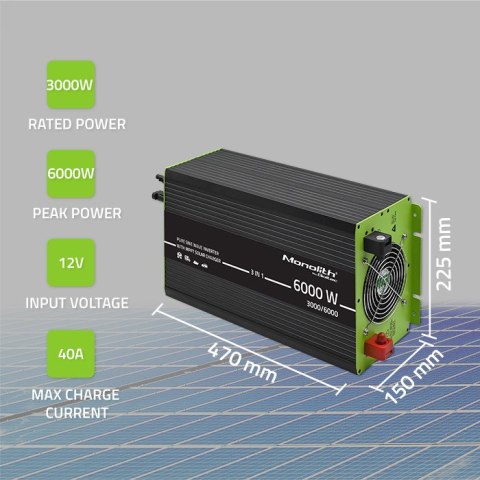 Qoltec Przetwornica solarna Monolith 3w1 z funkcją ładowania AC | MPPT | UPS | ATS | 3000W | 6000W | 12V na 230V | Czysty Sinus