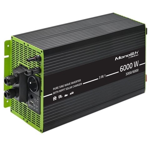 Qoltec Przetwornica solarna Monolith 3w1 z funkcją ładowania AC | MPPT | UPS | ATS | 3000W | 6000W | 12V na 230V | Czysty Sinus