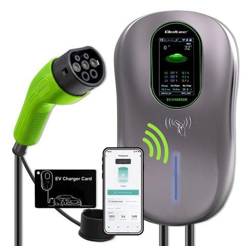 Qoltec Stacja ładowania EV 2w1 Typ2 | 22kW | Wi-fi| TUYA | LCD | RFID | 3 fazy | Wallbox | 5m