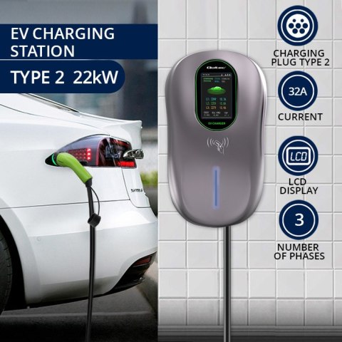 Qoltec Stacja ładowania EV 2w1 Typ2 | 22kW | Wi-fi| TUYA | LCD | RFID | 3 fazy | Wallbox | 5m