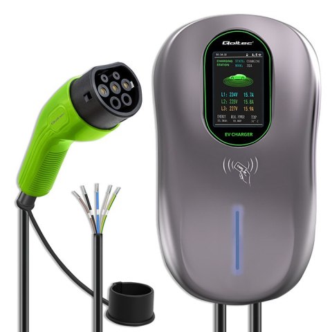 Qoltec Stacja ładowania EV 2w1 Typ2 | 22kW | Wi-fi| TUYA | LCD | RFID | 3 fazy | Wallbox | 5m