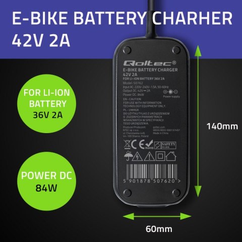 Qoltec Szybka Ładowarka Pro do roweru Bosch 36V | 42V | 2A | Bosch plug | wodoodporna +kabel zasilający