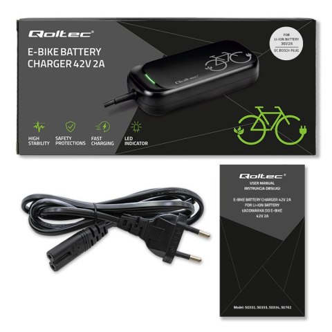 Qoltec Szybka Ładowarka Pro do roweru Bosch 36V | 42V | 2A | Bosch plug | wodoodporna +kabel zasilający