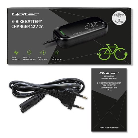 Qoltec Szybka Ładowarka do roweru skutera elektrycznego XIAOMI 36V | 42V | 2A | 8.0*8.0mm+pin | wodoodporna +kabel zasilający