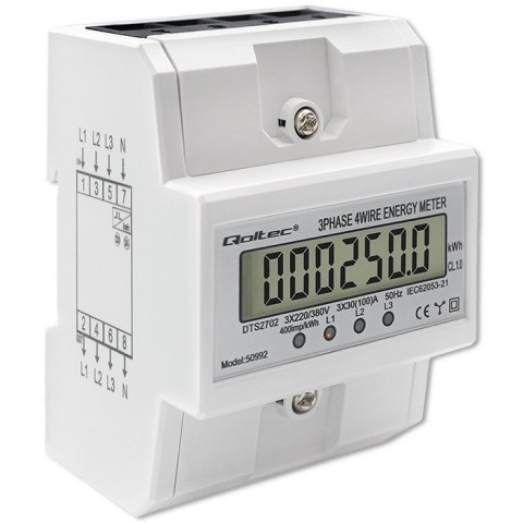 Qoltec Trójfazowy elektroniczny licznik | miernik zużycia energii na szynę DIN | 400V | 100A | LCD | 4P