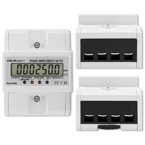 Qoltec Trójfazowy elektroniczny licznik | miernik zużycia energii na szynę DIN | 400V | 100A | LCD | 4P
