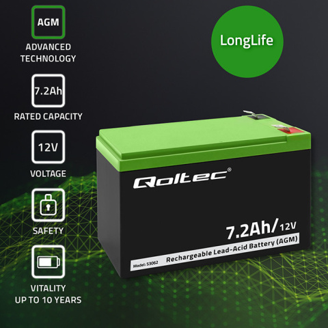Qoltec Akumulator AGM | 12V | 7.2 Ah | max 108A