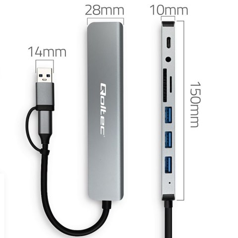 Qoltec Hub Adapter 8w1 USB-C/USB | USB-C | 4xUSB | SD/TF card | JACK 3.5mm TRRS