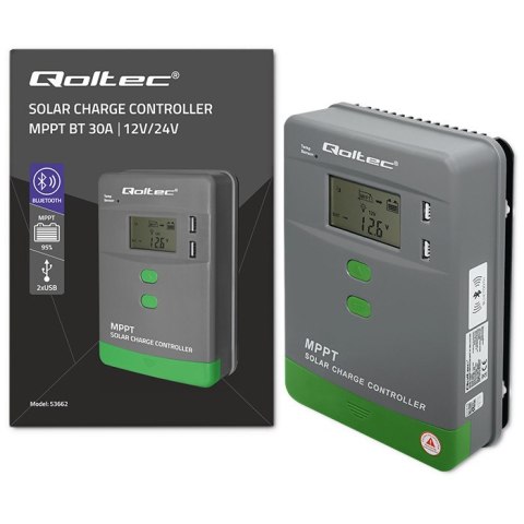 Qoltec Solarny regulator ładowania MPPT z czujnikiem temperatury 30A |12V / 24V | LCD | 2 x USB | Bluetooth | APP | GEL | LiFePO