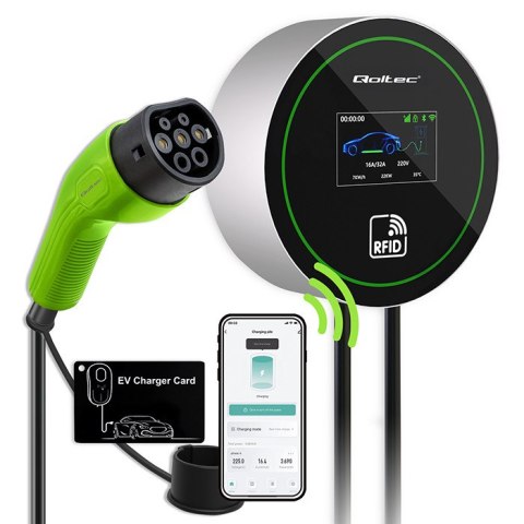Qoltec Stacja ładowania EV 2w1 Typ2 | 22kW | Wi-fi| | LCD | 3 fazy | Wallbox | Smart life app| RFID | 5m