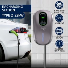 Qoltec Stacja ładowania EV 2w1 Typ2 | 22kW | Wi-fi | LCD | RFID | 3 fazy | Wallbox | 5m