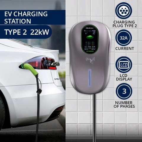 Qoltec Stacja ładowania EV 2w1 Typ2 | 22kW | Wi-fi | LCD | RFID | 3 fazy | Wallbox | 5m
