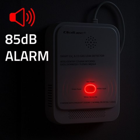 Qoltec Certyfikowany Czujnik wycieku gazu ziemnego i tlenku węgla (czadu) | detektor CH4 CO | żywotność sensora 5 lat | alarm 8