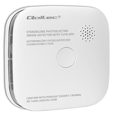 Qoltec Certyfikowany bezprzewodowy Czujnik dymu z baterią | Tuya | Wi-fi | żywotność sensora 10 lat | alarm 85dB | LED