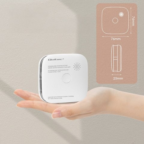 Qoltec Certyfikowany bezprzewodowy Czujnik dymu z baterią | Tuya | Wi-fi | żywotność sensora 10 lat | alarm 85dB | LED