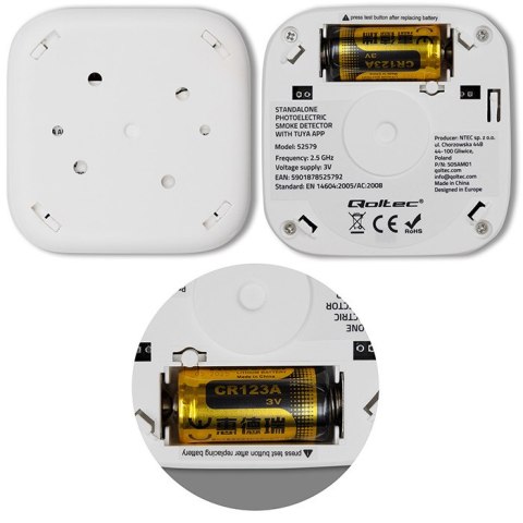 Qoltec Certyfikowany bezprzewodowy Czujnik dymu z baterią | Tuya | Wi-fi | żywotność sensora 10 lat | alarm 85dB | LED